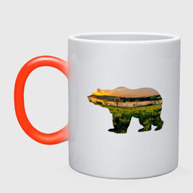 Кружка хамелеон с принтом медведь закат в Тюмени, керамика | меняет цвет при нагревании, емкость 330 мл | закат | залив | зелень | лето | луг | медведь | мишка | поле | солнце