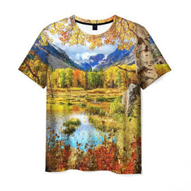 Мужская футболка 3D с принтом Горное озеро в Тюмени, 100% полиэфир | прямой крой, круглый вырез горловины, длина до линии бедер | autumn | bright | clouds | colors | forest | mountains | river | trees | горы | деревья | краски | лес | облака | осень | река | цвета | яркие