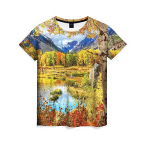 Женская футболка 3D с принтом Горное озеро в Тюмени, 100% полиэфир ( синтетическое хлопкоподобное полотно) | прямой крой, круглый вырез горловины, длина до линии бедер | autumn | bright | clouds | colors | forest | mountains | river | trees | горы | деревья | краски | лес | облака | осень | река | цвета | яркие