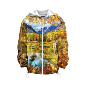 Детская куртка 3D с принтом Горное озеро в Тюмени, 100% полиэстер | застежка — молния, подол и капюшон оформлены резинкой с фиксаторами, по бокам — два кармана без застежек, один потайной карман на груди, плотность верхнего слоя — 90 г/м2; плотность флисового подклада — 260 г/м2 | Тематика изображения на принте: autumn | bright | clouds | colors | forest | mountains | river | trees | горы | деревья | краски | лес | облака | осень | река | цвета | яркие