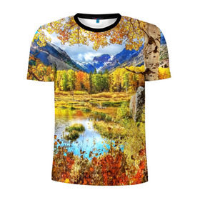 Мужская футболка 3D спортивная с принтом Горное озеро в Тюмени, 100% полиэстер с улучшенными характеристиками | приталенный силуэт, круглая горловина, широкие плечи, сужается к линии бедра | autumn | bright | clouds | colors | forest | mountains | river | trees | горы | деревья | краски | лес | облака | осень | река | цвета | яркие