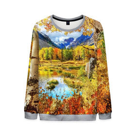 Мужской свитшот 3D с принтом Горное озеро в Тюмени, 100% полиэстер с мягким внутренним слоем | круглый вырез горловины, мягкая резинка на манжетах и поясе, свободная посадка по фигуре | Тематика изображения на принте: autumn | bright | clouds | colors | forest | mountains | river | trees | горы | деревья | краски | лес | облака | осень | река | цвета | яркие