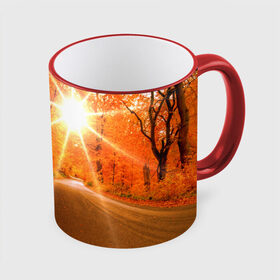 Кружка 3D с принтом Осеннее солнце в Тюмени, керамика | ёмкость 330 мл | autumn | bright | colors | forest | trees | деревья | дорога | краски | лес | лучи | осень | солнце | цвета | яркие