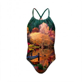 Детский купальник 3D с принтом Осень в Тюмени, Полиэстер 85%, Спандекс 15% | Слитный крой, подклад по переду изделия, узкие бретели | Тематика изображения на принте: autumn | boat | bright | colors | forest | paint | river | trees | деревья | краски | лес | лодка | осень | река | цвета | яркие