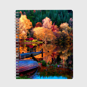 Тетрадь с принтом Осень в Тюмени, 100% бумага | 48 листов, плотность листов — 60 г/м2, плотность картонной обложки — 250 г/м2. Листы скреплены сбоку удобной пружинной спиралью. Уголки страниц и обложки скругленные. Цвет линий — светло-серый
 | autumn | boat | bright | colors | forest | paint | river | trees | деревья | краски | лес | лодка | осень | река | цвета | яркие