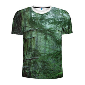 Мужская футболка 3D спортивная с принтом Дремучий лес в Тюмени, 100% полиэстер с улучшенными характеристиками | приталенный силуэт, круглая горловина, широкие плечи, сужается к линии бедра | camouflage | dense | fog | forest | spruce | tree | дремучий | ёлка | ельник | камуфляж | лес | маскировка | туман