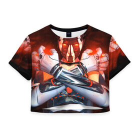 Женская футболка 3D укороченная с принтом Огненный ангел тьмы в Тюмени, 100% полиэстер | круглая горловина, длина футболки до линии талии, рукава с отворотами | киборг | огонь | робот