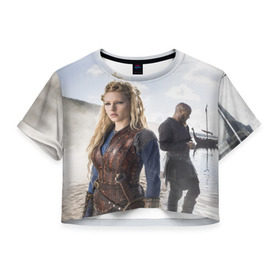 Женская футболка 3D укороченная с принтом Лагерта и Рагнар Лотброки в Тюмени, 100% полиэстер | круглая горловина, длина футболки до линии талии, рукава с отворотами | Тематика изображения на принте: vikings | викинги | лагерта | лотброк | рагнар