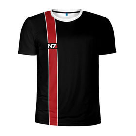 Мужская футболка 3D спортивная с принтом Mass Effect N7 в Тюмени, 100% полиэстер с улучшенными характеристиками | приталенный силуэт, круглая горловина, широкие плечи, сужается к линии бедра | космос