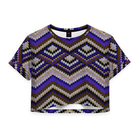 Женская футболка 3D укороченная с принтом Вышивка в Тюмени, 100% полиэстер | круглая горловина, длина футболки до линии талии, рукава с отворотами | вязаный | геометрия | зигзаг | ромбы | свитер
