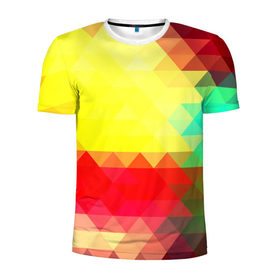 Мужская футболка 3D спортивная с принтом Polygon в Тюмени, 100% полиэстер с улучшенными характеристиками | приталенный силуэт, круглая горловина, широкие плечи, сужается к линии бедра | геометрия | паттерн | полигоны | разноцветный | треугольники | яркий