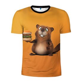Мужская футболка 3D спортивная с принтом Бобренок в Тюмени, 100% полиэстер с улучшенными характеристиками | приталенный силуэт, круглая горловина, широкие плечи, сужается к линии бедра | бобер | бобрик | гамбургер | дети. ярко | еда | желтый. весело | креатив | прикол