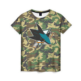 Женская футболка 3D с принтом Sharks Camouflage в Тюмени, 100% полиэфир ( синтетическое хлопкоподобное полотно) | прямой крой, круглый вырез горловины, длина до линии бедер | camouflage | hockey | nhl | san jose sharks | нхл | хоккей
