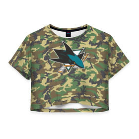 Женская футболка 3D укороченная с принтом Sharks Camouflage в Тюмени, 100% полиэстер | круглая горловина, длина футболки до линии талии, рукава с отворотами | camouflage | hockey | nhl | san jose sharks | нхл | хоккей