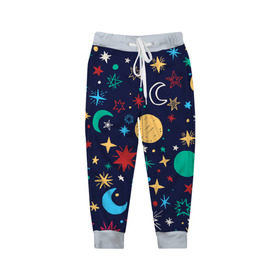 Детские брюки 3D с принтом Звездное небо в Тюмени, 100% полиэстер | манжеты по низу, эластичный пояс регулируется шнурком, по бокам два кармана без застежек, внутренняя часть кармана из мелкой сетки | абстракция | арт | звезды | космос | луна | месяц | небо | планеты