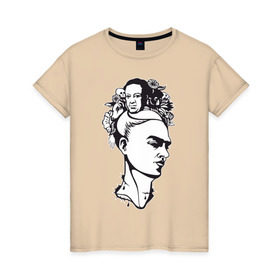 Женская футболка хлопок с принтом Фрида в Тюмени, 100% хлопок | прямой крой, круглый вырез горловины, длина до линии бедер, слегка спущенное плечо | арт | девушка | женщина | любовь | мексика | портрет | фрида | художник | цветы | череп