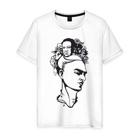 Мужская футболка хлопок с принтом Фрида в Тюмени, 100% хлопок | прямой крой, круглый вырез горловины, длина до линии бедер, слегка спущенное плечо. | арт | девушка | женщина | любовь | мексика | портрет | фрида | художник | цветы | череп