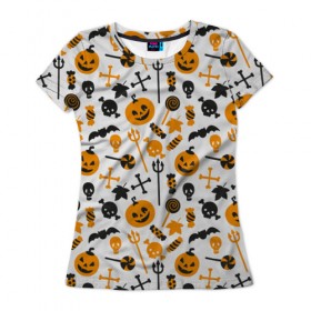 Женская футболка 3D с принтом Узор Halloween в Тюмени, 100% полиэфир ( синтетическое хлопкоподобное полотно) | прямой крой, круглый вырез горловины, длина до линии бедер | halloween | голова | демон | дьявол | конфеты | лицо | муки | ужасы | хэллоуин