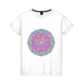 Женская футболка хлопок с принтом Мандала в Тюмени, 100% хлопок | прямой крой, круглый вырез горловины, длина до линии бедер, слегка спущенное плечо | абстракция | арт | геометрия | лепестки | цвет | цветок