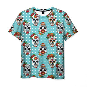Мужская футболка 3D с принтом Узор Черепа Чикано в Тюмени, 100% полиэфир | прямой крой, круглый вырез горловины, длина до линии бедер | кости | мексика | мозаика | узор | цветы | череп | чикано