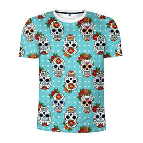 Мужская футболка 3D спортивная с принтом Узор Черепа Чикано в Тюмени, 100% полиэстер с улучшенными характеристиками | приталенный силуэт, круглая горловина, широкие плечи, сужается к линии бедра | кости | мексика | мозаика | узор | цветы | череп | чикано