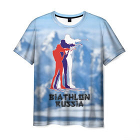 Мужская футболка 3D с принтом Biathlon russia в Тюмени, 100% полиэфир | прямой крой, круглый вырез горловины, длина до линии бедер | Тематика изображения на принте: биатлон