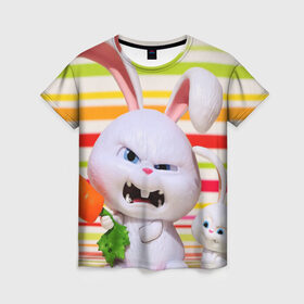 Женская футболка 3D с принтом Злой кролик в Тюмени, 100% полиэфир ( синтетическое хлопкоподобное полотно) | прямой крой, круглый вырез горловины, длина до линии бедер | Тематика изображения на принте: животные | злой | игрушка | кролик | мультфильм | тайная жизнь домашних животных