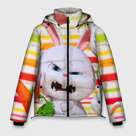 Мужская зимняя куртка 3D с принтом Злой кролик в Тюмени, верх — 100% полиэстер; подкладка — 100% полиэстер; утеплитель — 100% полиэстер | длина ниже бедра, свободный силуэт Оверсайз. Есть воротник-стойка, отстегивающийся капюшон и ветрозащитная планка. 

Боковые карманы с листочкой на кнопках и внутренний карман на молнии. | Тематика изображения на принте: животные | злой | игрушка | кролик | мультфильм | тайная жизнь домашних животных