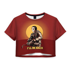 Женская футболка 3D укороченная с принтом Сталин: I`ll Be Back в Тюмени, 100% полиэстер | круглая горловина, длина футболки до линии талии, рукава с отворотами | история | о.м.с.к. | революция | ссср | сталин | супергерои