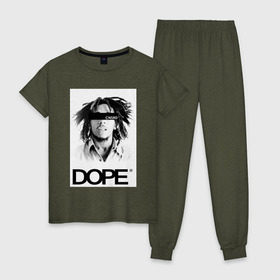 Женская пижама хлопок с принтом Bob Marley Dope в Тюмени, 100% хлопок | брюки и футболка прямого кроя, без карманов, на брюках мягкая резинка на поясе и по низу штанин | bobmarley | dope | fashion | swag | trend