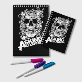 Блокнот с принтом Asking Alexandria в Тюмени, 100% бумага | 48 листов, плотность листов — 60 г/м2, плотность картонной обложки — 250 г/м2. Листы скреплены удобной пружинной спиралью. Цвет линий — светло-серый
 | Тематика изображения на принте: asking alexandria | музыка | рок | череп