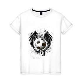 Женская футболка хлопок с принтом Футбольный мяч с крыльями в Тюмени, 100% хлопок | прямой крой, круглый вырез горловины, длина до линии бедер, слегка спущенное плечо | грандж | игра | крылья | кубок | мяч | спорт | футбол