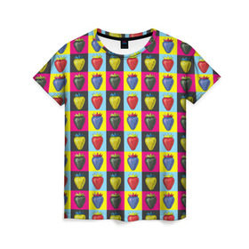 Женская футболка 3D с принтом POP ART в Тюмени, 100% полиэфир ( синтетическое хлопкоподобное полотно) | прямой крой, круглый вырез горловины, длина до линии бедер | Тематика изображения на принте: popart | клубника | поп арт | ягоды