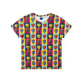 Детская футболка 3D с принтом POP ART в Тюмени, 100% гипоаллергенный полиэфир | прямой крой, круглый вырез горловины, длина до линии бедер, чуть спущенное плечо, ткань немного тянется | popart | клубника | поп арт | ягоды