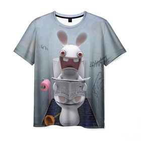 Мужская футболка 3D с принтом Кролик с газетой в Тюмени, 100% полиэфир | прямой крой, круглый вырез горловины, длина до линии бедер | Тематика изображения на принте: rabbids | вантуз | горшок | зайцы засранцы | заяц | туалет