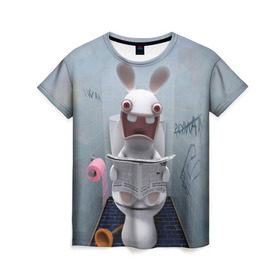 Женская футболка 3D с принтом Кролик с газетой в Тюмени, 100% полиэфир ( синтетическое хлопкоподобное полотно) | прямой крой, круглый вырез горловины, длина до линии бедер | rabbids | вантуз | горшок | зайцы засранцы | заяц | туалет