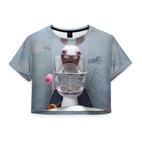 Женская футболка 3D укороченная с принтом Кролик с газетой в Тюмени, 100% полиэстер | круглая горловина, длина футболки до линии талии, рукава с отворотами | rabbids | вантуз | горшок | зайцы засранцы | заяц | туалет