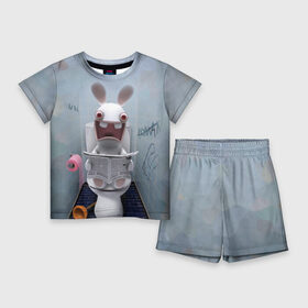 Детский костюм с шортами 3D с принтом Кролик с газетой в Тюмени,  |  | rabbids | вантуз | горшок | зайцы засранцы | заяц | туалет