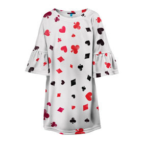 Детское платье 3D с принтом Карточные масти в Тюмени, 100% полиэстер | прямой силуэт, чуть расширенный к низу. Круглая горловина, на рукавах — воланы | бубны | казино | карты | крести | пики | покер | туз | червы