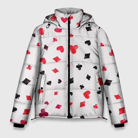 Мужская зимняя куртка 3D с принтом Карточные масти в Тюмени, верх — 100% полиэстер; подкладка — 100% полиэстер; утеплитель — 100% полиэстер | длина ниже бедра, свободный силуэт Оверсайз. Есть воротник-стойка, отстегивающийся капюшон и ветрозащитная планка. 

Боковые карманы с листочкой на кнопках и внутренний карман на молнии. | Тематика изображения на принте: бубны | казино | карты | крести | пики | покер | туз | червы