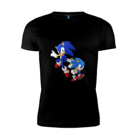 Мужская футболка премиум с принтом Sonic (Соник) в Тюмени, 92% хлопок, 8% лайкра | приталенный силуэт, круглый вырез ворота, длина до линии бедра, короткий рукав | Тематика изображения на принте: retro | sega | sonic