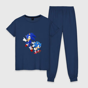Женская пижама хлопок с принтом Sonic (Соник) в Тюмени, 100% хлопок | брюки и футболка прямого кроя, без карманов, на брюках мягкая резинка на поясе и по низу штанин | retro | sega | sonic
