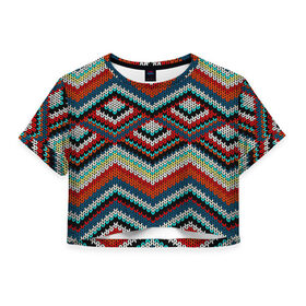Женская футболка 3D укороченная с принтом Узоры вышивки в Тюмени, 100% полиэстер | круглая горловина, длина футболки до линии талии, рукава с отворотами | вязаный | зигзаг | ромбы | свитер
