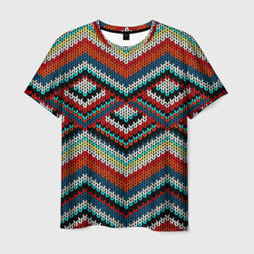 Мужская футболка 3D с принтом Узоры вышивки в Тюмени, 100% полиэфир | прямой крой, круглый вырез горловины, длина до линии бедер | Тематика изображения на принте: вязаный | зигзаг | ромбы | свитер
