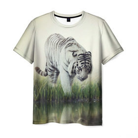Мужская футболка 3D с принтом Белый тигр в Тюмени, 100% полиэфир | прямой крой, круглый вырез горловины, длина до линии бедер | дикая кошка | природа | тигр | хищник