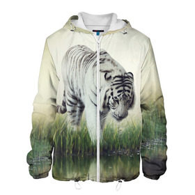 Мужская куртка 3D с принтом Белый тигр в Тюмени, ткань верха — 100% полиэстер, подклад — флис | прямой крой, подол и капюшон оформлены резинкой с фиксаторами, два кармана без застежек по бокам, один большой потайной карман на груди. Карман на груди застегивается на липучку | дикая кошка | природа | тигр | хищник