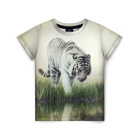 Детская футболка 3D с принтом Белый тигр в Тюмени, 100% гипоаллергенный полиэфир | прямой крой, круглый вырез горловины, длина до линии бедер, чуть спущенное плечо, ткань немного тянется | Тематика изображения на принте: дикая кошка | природа | тигр | хищник