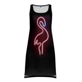 Платье-майка 3D с принтом Светящийся фламинго в Тюмени, 100% полиэстер | полуприлегающий силуэт, широкие бретели, круглый вырез горловины, удлиненный подол сзади. | неон | птицы | фламинго