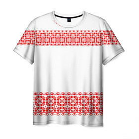 Мужская футболка 3D с принтом Славянский орнамент (на белом) в Тюмени, 100% полиэфир | прямой крой, круглый вырез горловины, длина до линии бедер | Тематика изображения на принте: орнамент | россия | славяне | узор