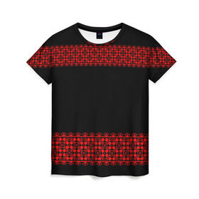 Женская футболка 3D с принтом Славянский орнамент (на чёрном) в Тюмени, 100% полиэфир ( синтетическое хлопкоподобное полотно) | прямой крой, круглый вырез горловины, длина до линии бедер | орнамент | россия | славяне | узор